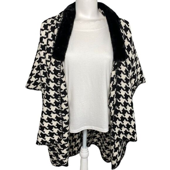 LOFT Cardigan Wrap Women's MEDIUM‎ Black White Faux-Fur Collar Draped NWOT - Picture 1 of 5